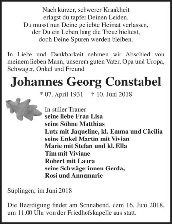 Traueranzeige von Johannes Georg Constabel  von Magdeburger Volksstimme