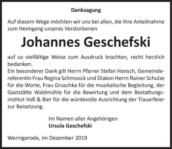 Traueranzeige von Johannes Geschefski  von Magdeburger Volksstimme