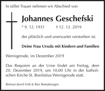 Traueranzeige von Johannes Geschefski  von Magdeburger Volksstimme