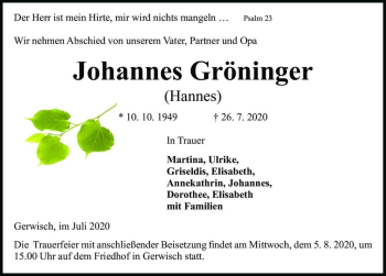 Traueranzeige von Johannes Gröninger (Hannes)  von Magdeburger Volksstimme