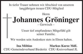 Traueranzeige von Johannes Gröninger  von Magdeburger Volksstimme