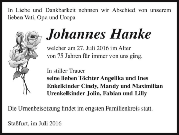 Traueranzeige von Johannes Hanke  von Magdeburger Volksstimme