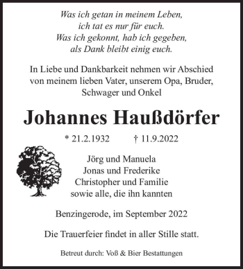 Traueranzeige von Johannes Haußdörfer  von Magdeburger Volksstimme
