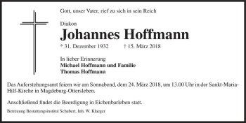 Traueranzeige von Johannes Hoffmann  von Magdeburger Volksstimme