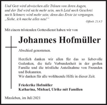 Traueranzeige von Johannes Hofmüller  von Magdeburger Volksstimme