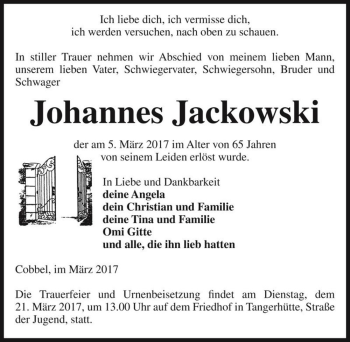 Traueranzeige von Johannes Jackowski  von Magdeburger Volksstimme