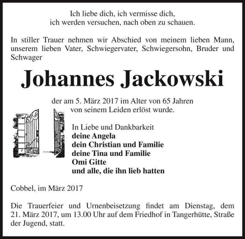  Traueranzeige für Johannes Jackowski  vom 11.03.2017 aus Magdeburger Volksstimme