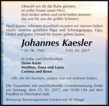 Traueranzeige von Johannes Kaesler  von Magdeburger Volksstimme