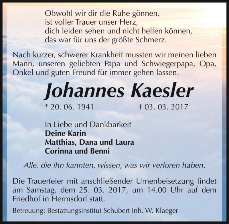  Traueranzeige für Johannes Kaesler  vom 18.03.2017 aus Magdeburger Volksstimme