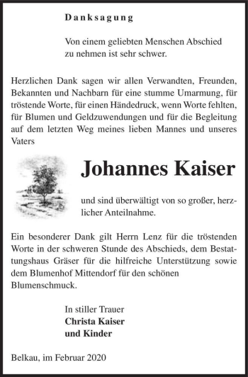 Traueranzeige von Johannes Kaiser  von Magdeburger Volksstimme