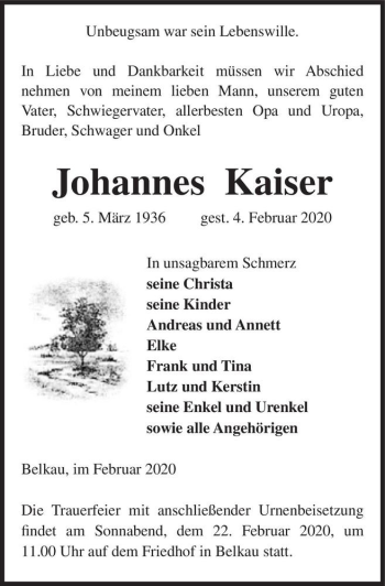 Traueranzeige von Johannes Kaiser  von Magdeburger Volksstimme