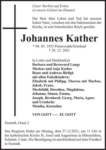 Traueranzeige von Johannes Kather  von Magdeburger Volksstimme