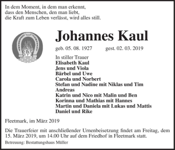 Traueranzeige von Johannes Kaul  von Magdeburger Volksstimme