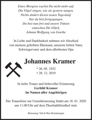 Traueranzeige von Johannes Kramer  von Magdeburger Volksstimme