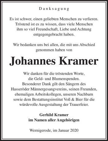 Traueranzeige von Johannes Kramer  von Magdeburger Volksstimme