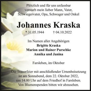Traueranzeige von Johannes Kraska  von Magdeburger Volksstimme