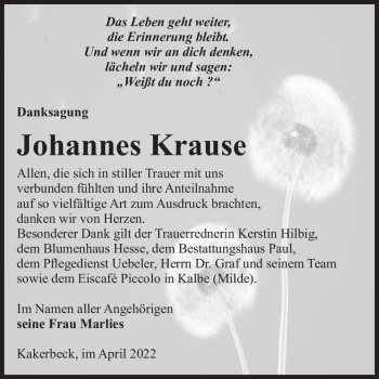 Traueranzeige von Johannes Krause  von Magdeburger Volksstimme