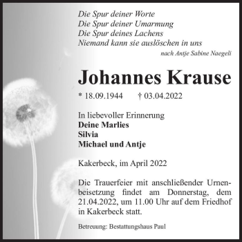 Traueranzeige von Johannes Krause  von Magdeburger Volksstimme
