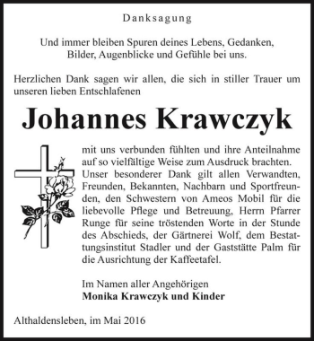 Traueranzeige von Johannes Krawczyk  von Magdeburger Volksstimme
