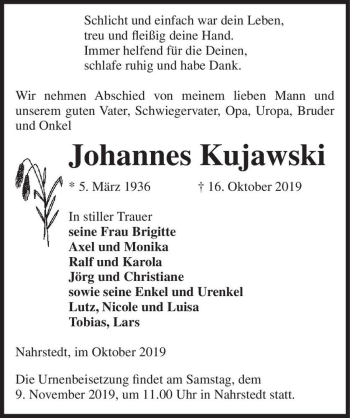 Traueranzeige von Johannes Kujawski  von Magdeburger Volksstimme