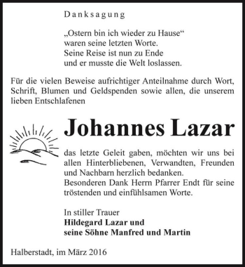 Traueranzeige von Johannes Lazar  von Magdeburger Volksstimme