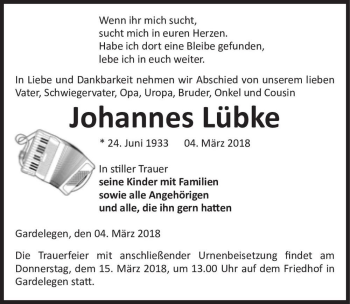 Traueranzeige von Johannes Lübke  von Magdeburger Volksstimme