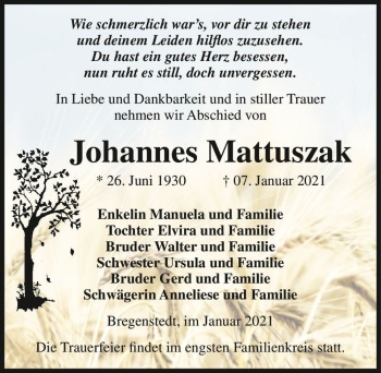 Traueranzeige von Johannes Mattuszak  von Magdeburger Volksstimme