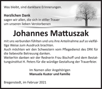Traueranzeige von Johannes Mattuszak  von Magdeburger Volksstimme
