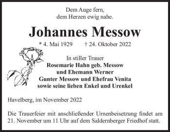 Traueranzeige von Johannes Messow  von Magdeburger Volksstimme
