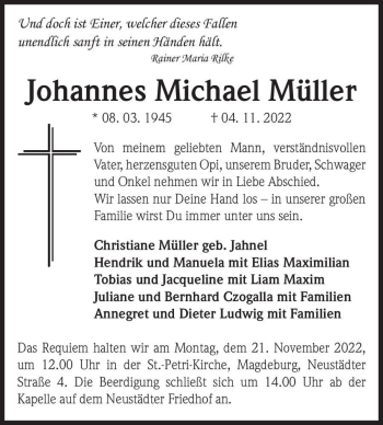 Traueranzeige von Johannes Michael Müller  von Magdeburger Volksstimme