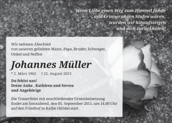 Traueranzeige von Johannes Müller  von Magdeburger Volksstimme