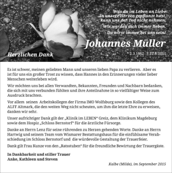 Traueranzeige von Johannes Müller  von Magdeburger Volksstimme