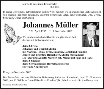 Traueranzeige von Johannes Müller  von Magdeburger Volksstimme