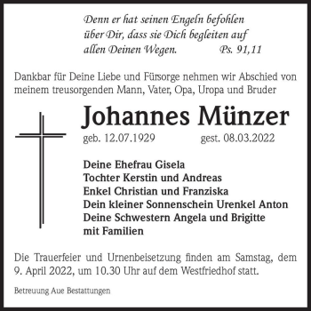 Traueranzeige von Johannes Münzer  von Magdeburger Volksstimme