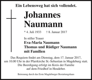 Traueranzeige von Johannes Naumann  von Magdeburger Volksstimme