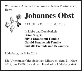 Traueranzeige von Johannes Obst  von Magdeburger Volksstimme