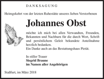 Traueranzeige von Johannes Obst  von Magdeburger Volksstimme