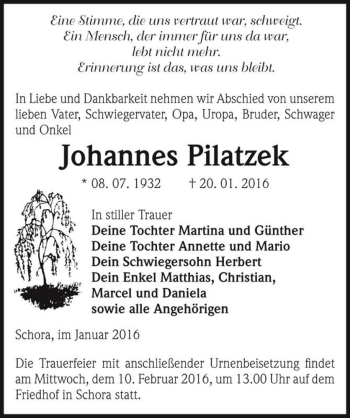 Traueranzeige von Johannes Pilatzek  von Magdeburger Volksstimme