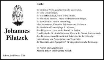 Traueranzeige von Johannes Pilatzek  von Magdeburger Volksstimme