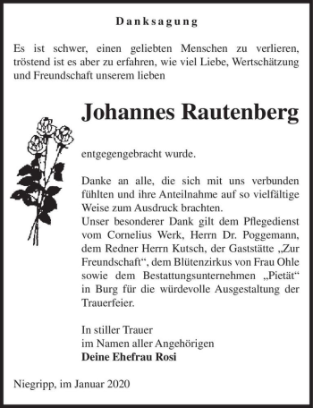 Traueranzeige von Johannes Rautenberg  von Magdeburger Volksstimme