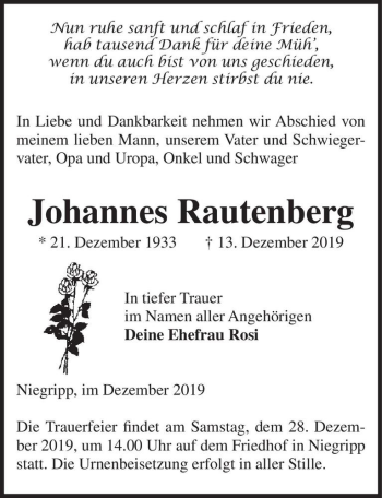 Traueranzeige von Johannes Rautenberg  von Magdeburger Volksstimme