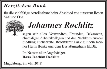 Traueranzeige von Johannes Rochlitz  von Magdeburger Volksstimme