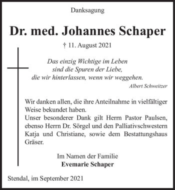 Traueranzeige von Johannes Schaper  von Magdeburger Volksstimme