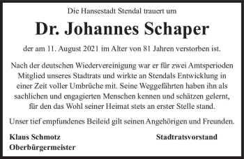 Traueranzeige von Johannes Schaper  von Magdeburger Volksstimme
