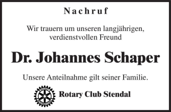 Traueranzeige von Johannes Schaper  von Magdeburger Volksstimme