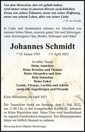 Traueranzeige von Johannes Schmidt  von Magdeburger Volksstimme