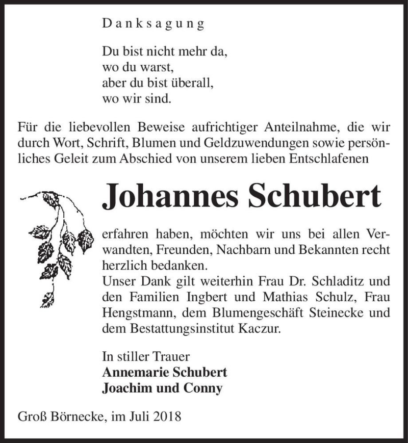  Traueranzeige für Johannes Schubert  vom 28.07.2018 aus Magdeburger Volksstimme