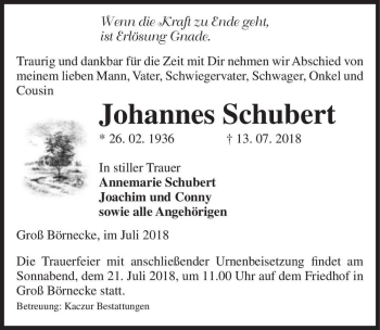Traueranzeige von Johannes Schubert  von Magdeburger Volksstimme