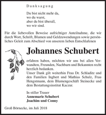 Traueranzeige von Johannes Schubert  von Magdeburger Volksstimme