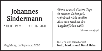 Traueranzeige von Johannes Sindermann  von Magdeburger Volksstimme
